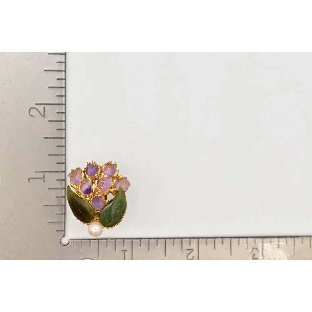 Swoboda Vintage Clip On Earrings Pearl Amethyst Jade Semi-Precious Signed 60s 9L